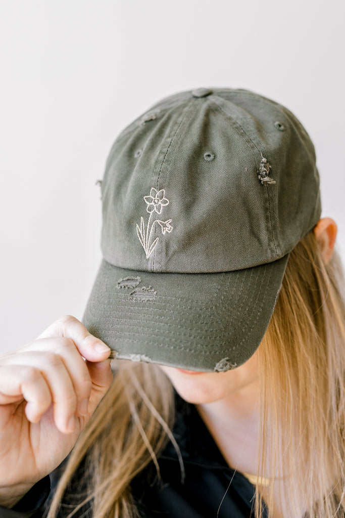 Threads by Gram - December Olive Distressed Monthly Flower Hat