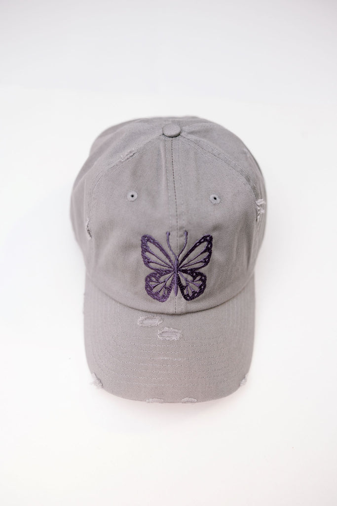 Butterfly Light Gray Vintage Style Embroidered Hat