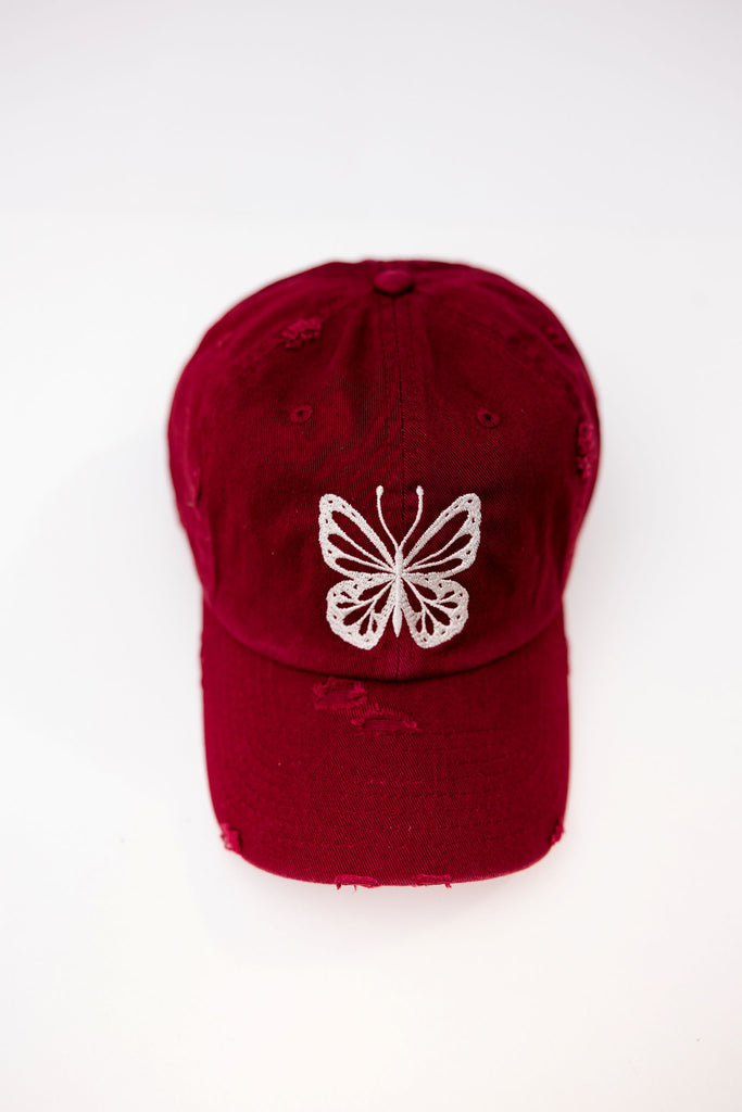 Butterfly Maroon Vintage Style Embroidered Hat