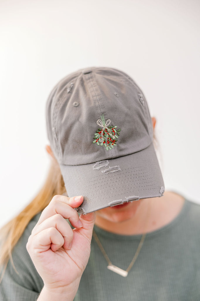Threads By Gram - Mistletoe Dark Gray Vintage Style Embroidered Hat Model