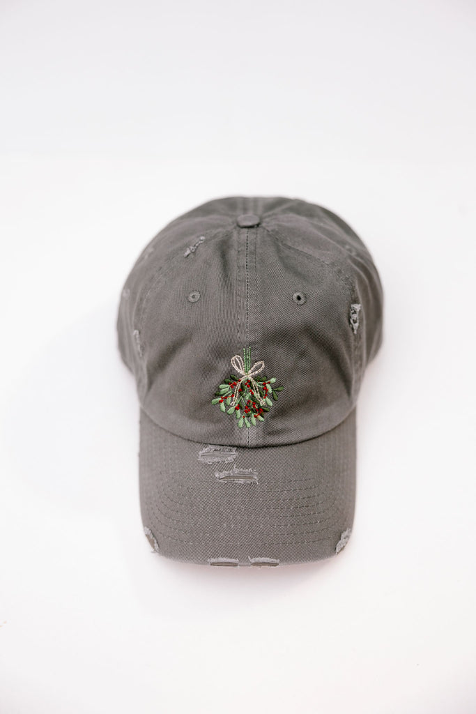 Mistletoe Dark Gray Vintage Style Embroidered Hat