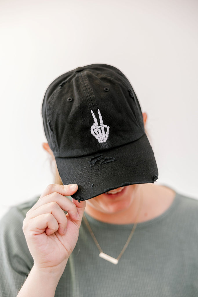Threads By Gram - Peace Sign Skeleton Black Vintage Style Embroidered Hat Model