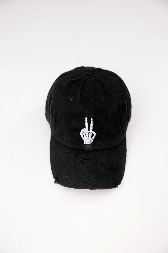 Peace Sign Skeleton Black Vintage Style Embroidered Hat