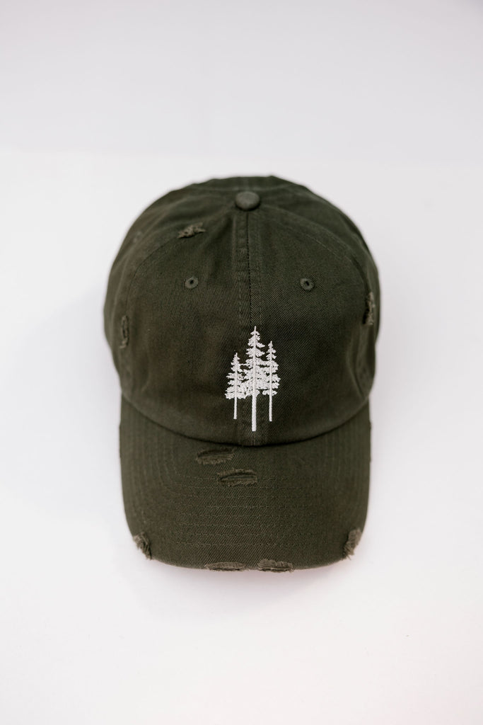 Pine Trees Olive Vintage Style Embroidered Hat