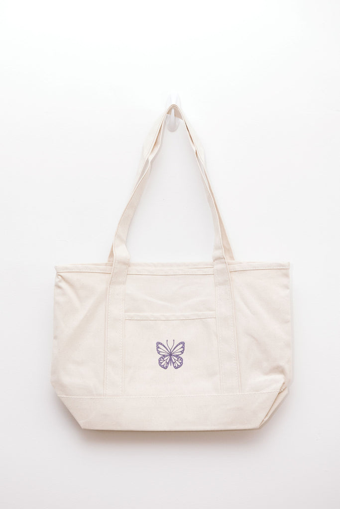 Purple Butterfly Pocket Tote Bag