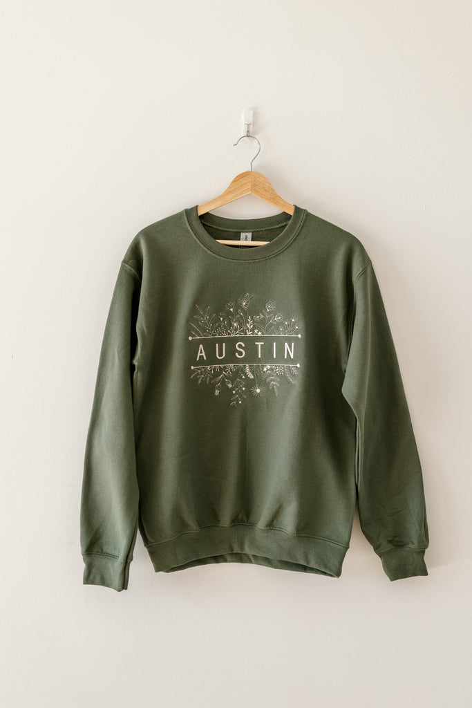Austin Wildflower Military Green Color Crewneck Sweatshirt
