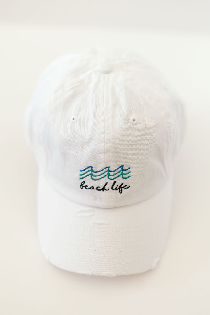 beach life white color vintage style embroidered hat