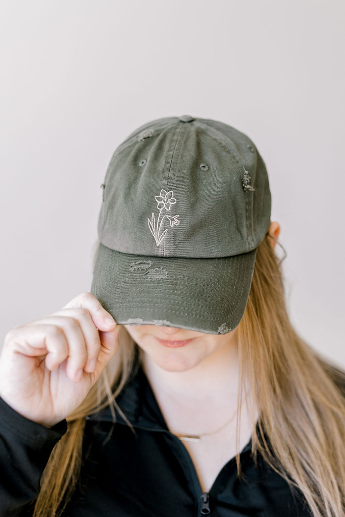 December Olive Vintage Style Embroidered Hat Model