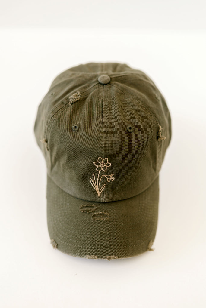 December Olive Vintage Style Embroidered Hat