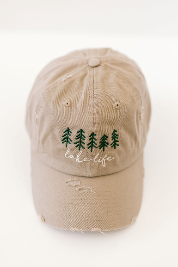 lake life khaki color vintage style embroidered hat