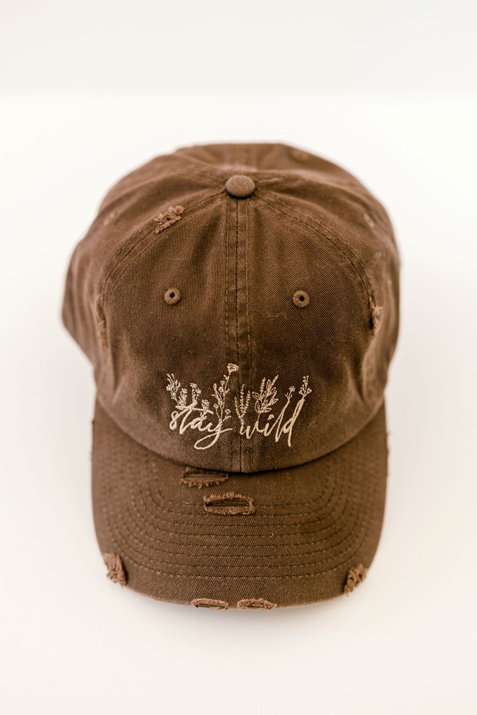 stay wild brown vintage style embroidered hat