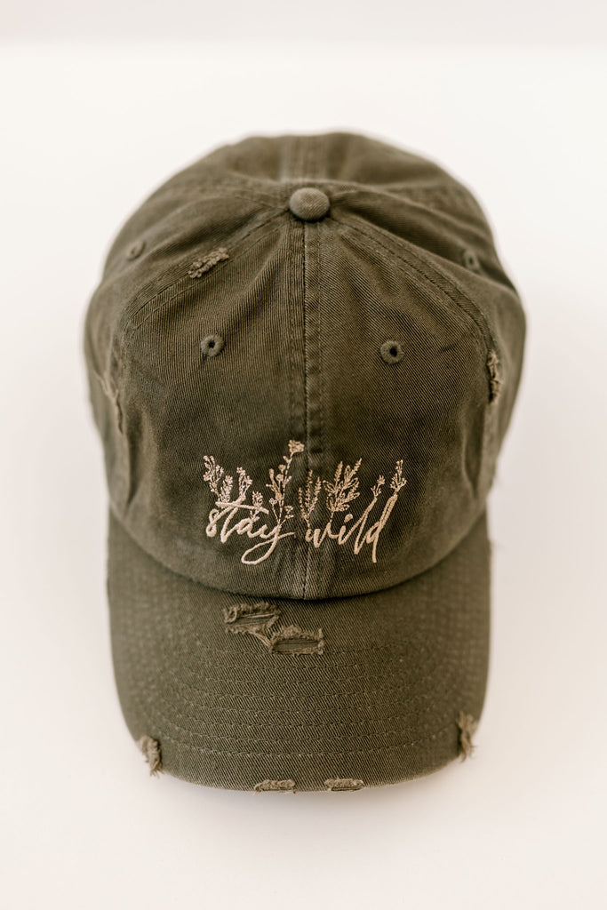 stay wild olive vintage style embroidered hat