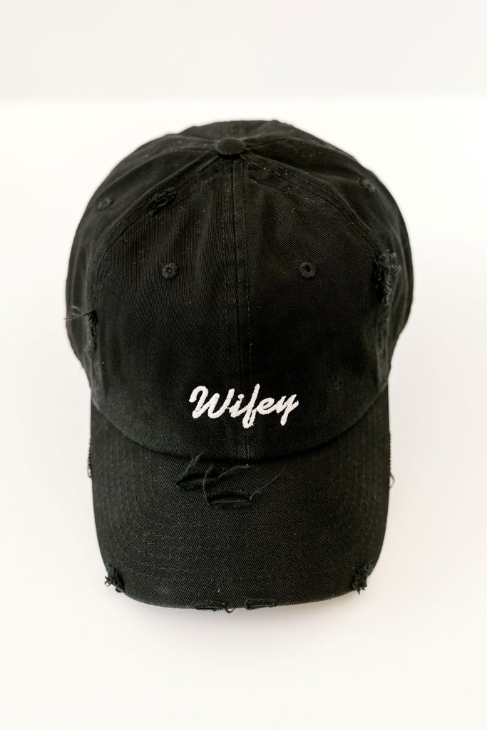 Wifey Black Distressed Hat