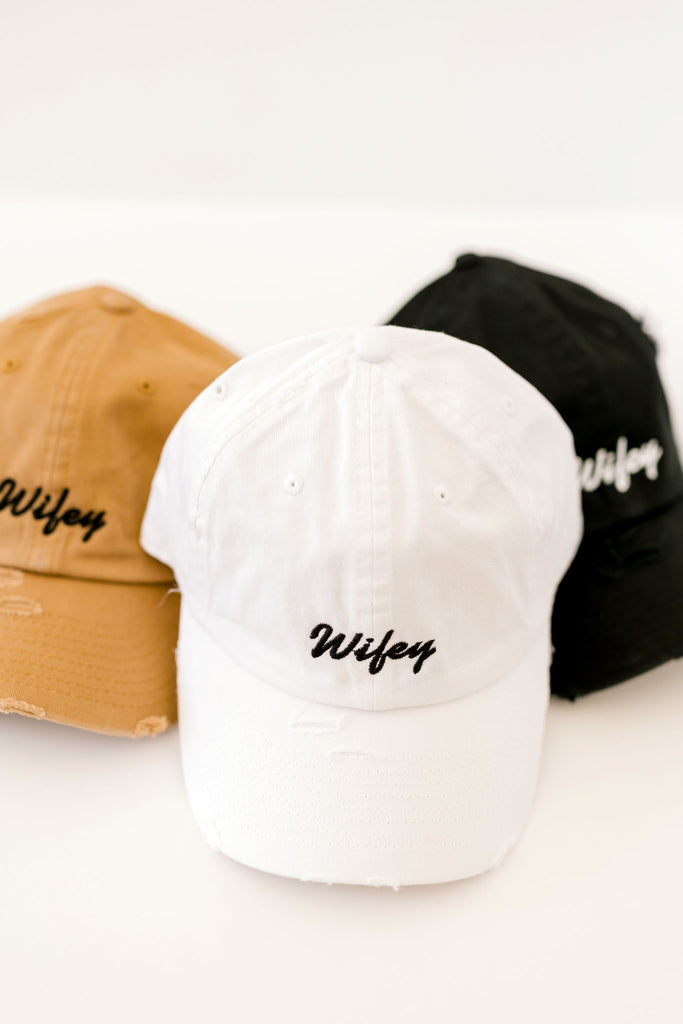 Wifey Distressed Hat in White Timber Black